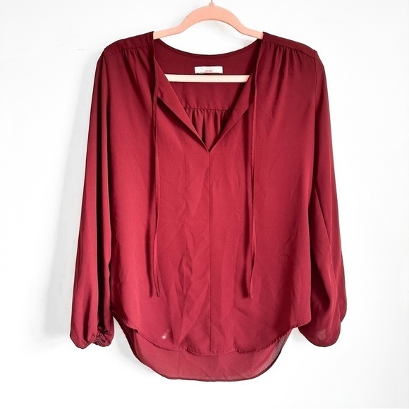 Joan Vass V Neck Balloon Sleeve Flowy Blouson Poplin Blouse burgundy Crimson XS - Picture 2 of 5
